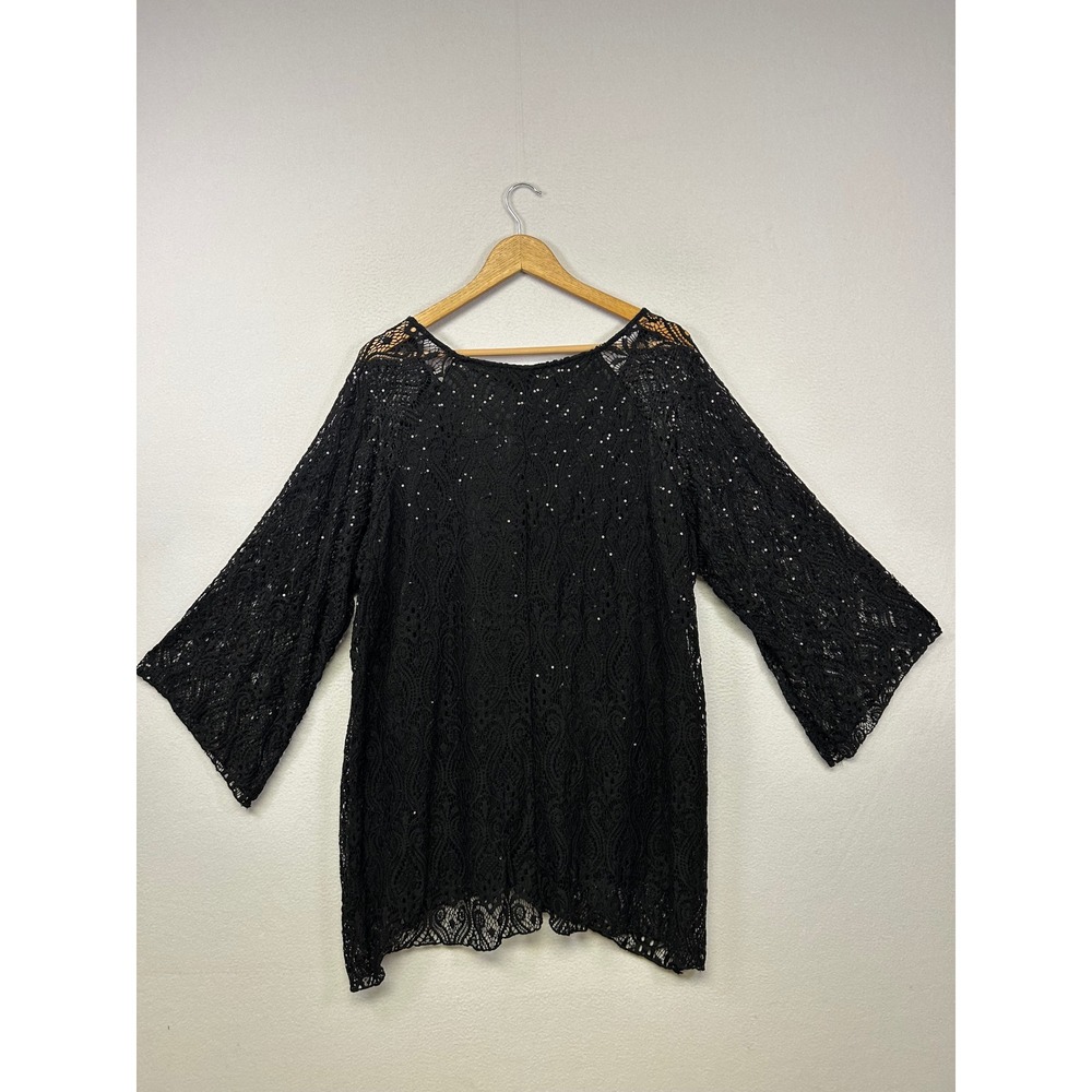 Evening Party Brittany Black Womens 3X Black Sequin Lace 3/4 Sleeve Tunic Blouse - Picture 2 of 9